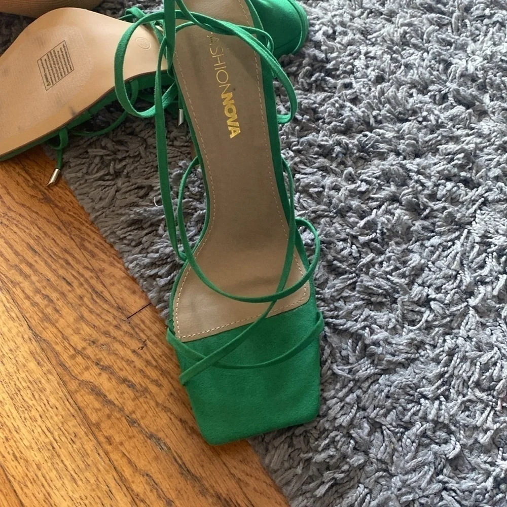 NWOT Fashion Nova Green Faux Suede Pay No Mind Heels Ankle Tie Heels Size 8.5